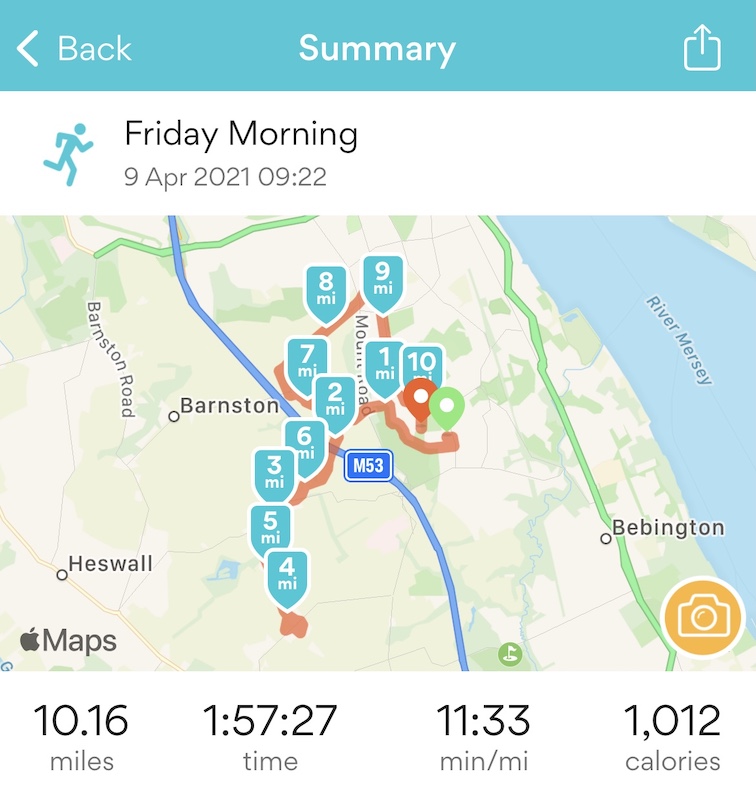 A map and statistics of my 10 mile run