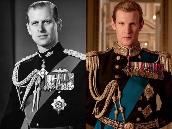 Prince Philip, in black and white, next to Matt Smith, in colour, wearing a similar uniform.