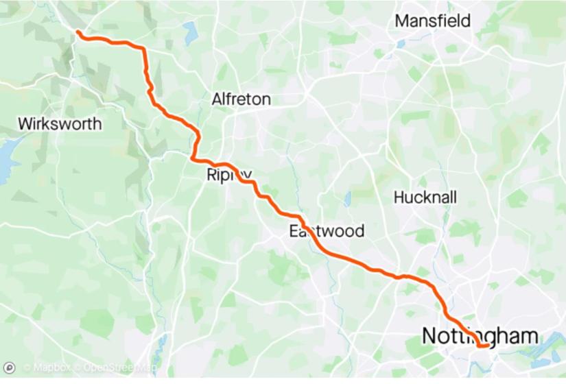 Map of route from Nottingham to Matlock