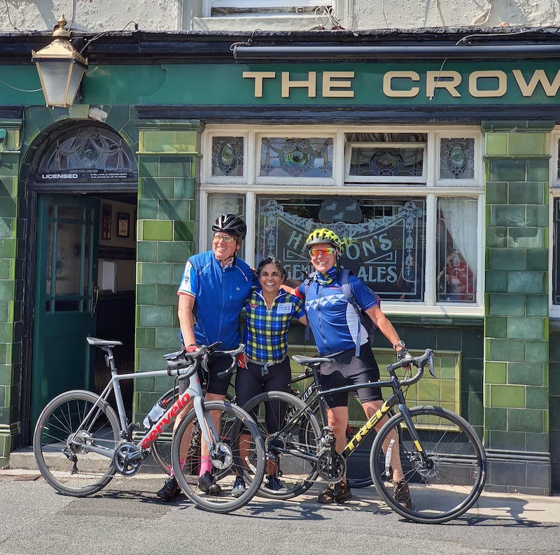 The three of us in front of the Crow's Nest pub.
