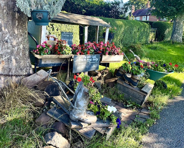 Eggs for sale outside a house with lots of flowers around