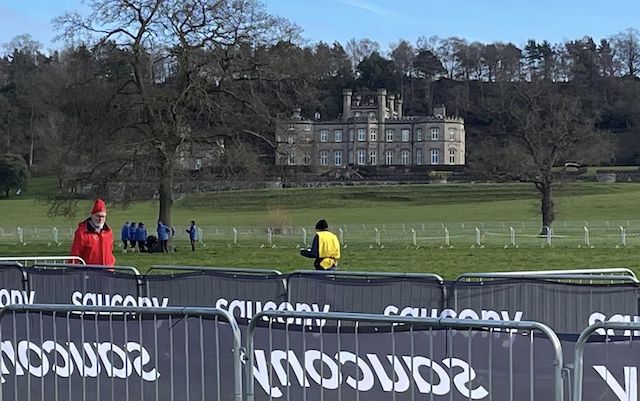 The fences of the cross country in the foreground, with Bolesworth castle in the background.