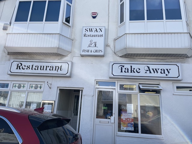 Front of the fish and chip shop (The Swan) in Southport where we bought our lunch.
