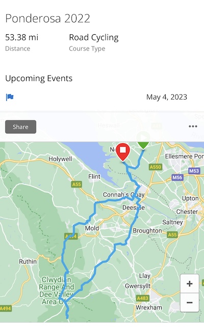 A route of the day's expedition on google maps - 53 miles from start to end points.