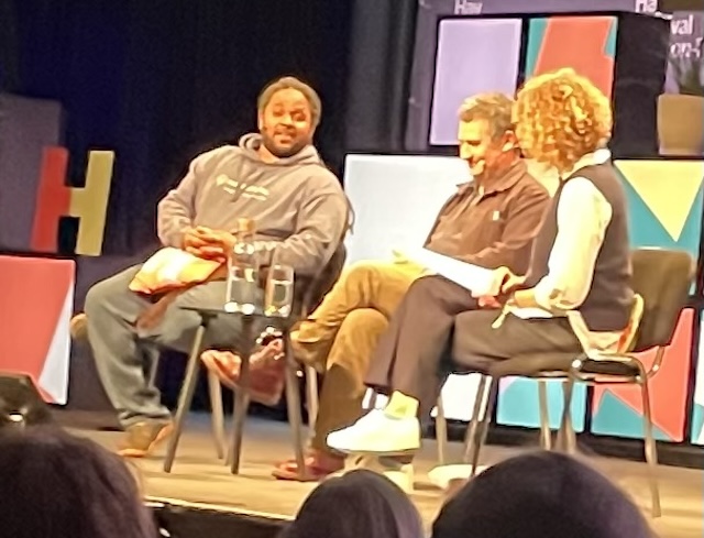 Hamza and Mark talk to Kate Humble on stage