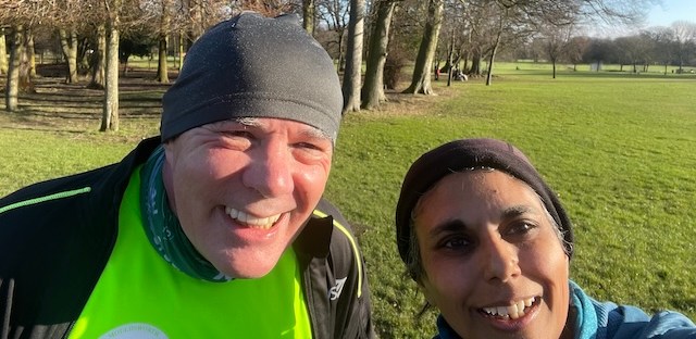John and I mid-run on a sunny but cold day in Birkenhead Park