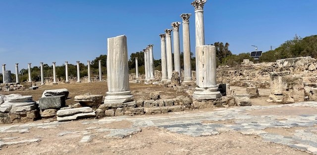 Roman columns and partial mosaics in the ruins of Salamis