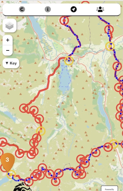 Most of the map of the route, with red circles for the peaks, and yellow circles for the leg ends, and his tear drop orange dot (with a 3 in it) for where Pete was at that point.