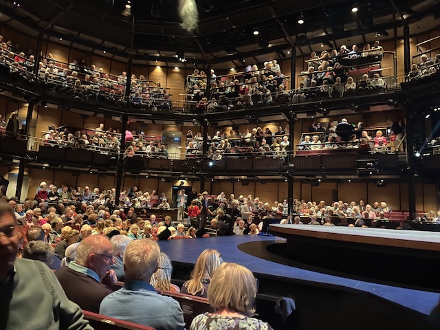 A theatre virtually full of audience members.