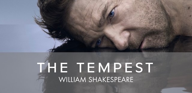 An RSC Promo of Kenneth Branagh's head lying in shallow water with his reflection in the ripples