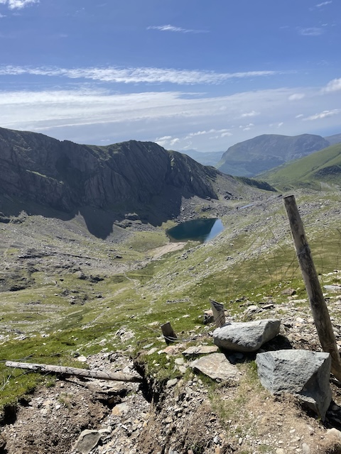 The views of the hills and a tarn in the distance
