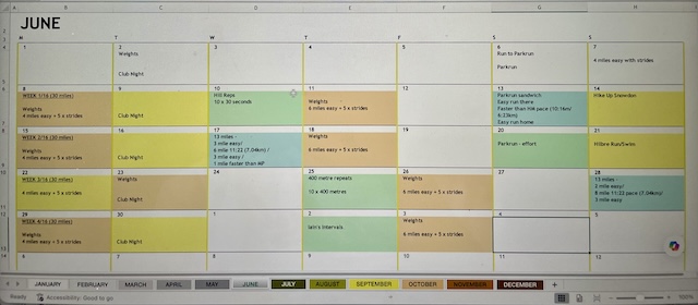 An excel spreadsheet in the shape of a calendar for the month of June with different colour coded days