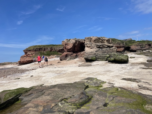 Middle Island of Hilbre Island with runners dotted about and very blue skies